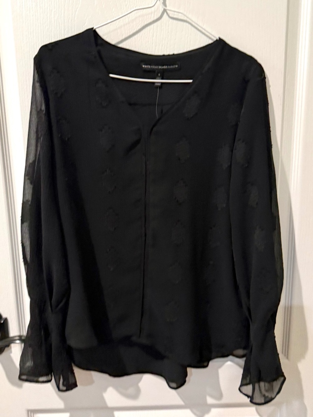 White House Black Market Black Blouse with Sheer Long Sleeves Ruffle Cuff NWT S